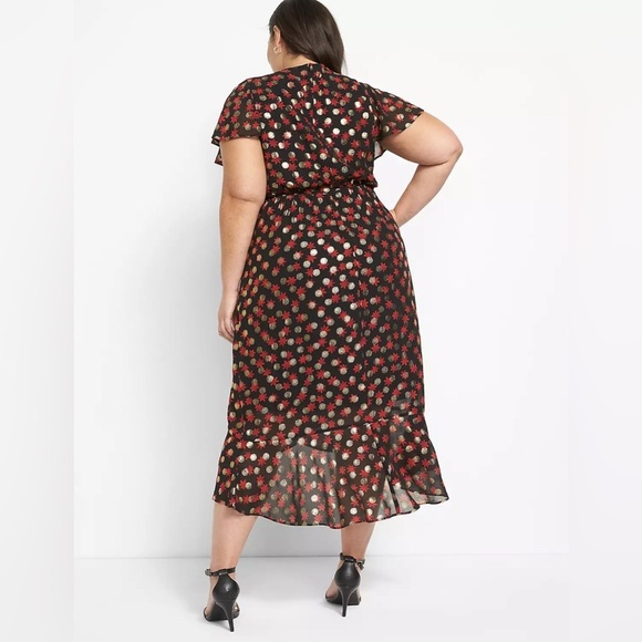 NWT! Lane Bryant Black and Red Gold Metallic Fitted Midi Faux Wrap Dress Size 22 - Picture 2 of 9